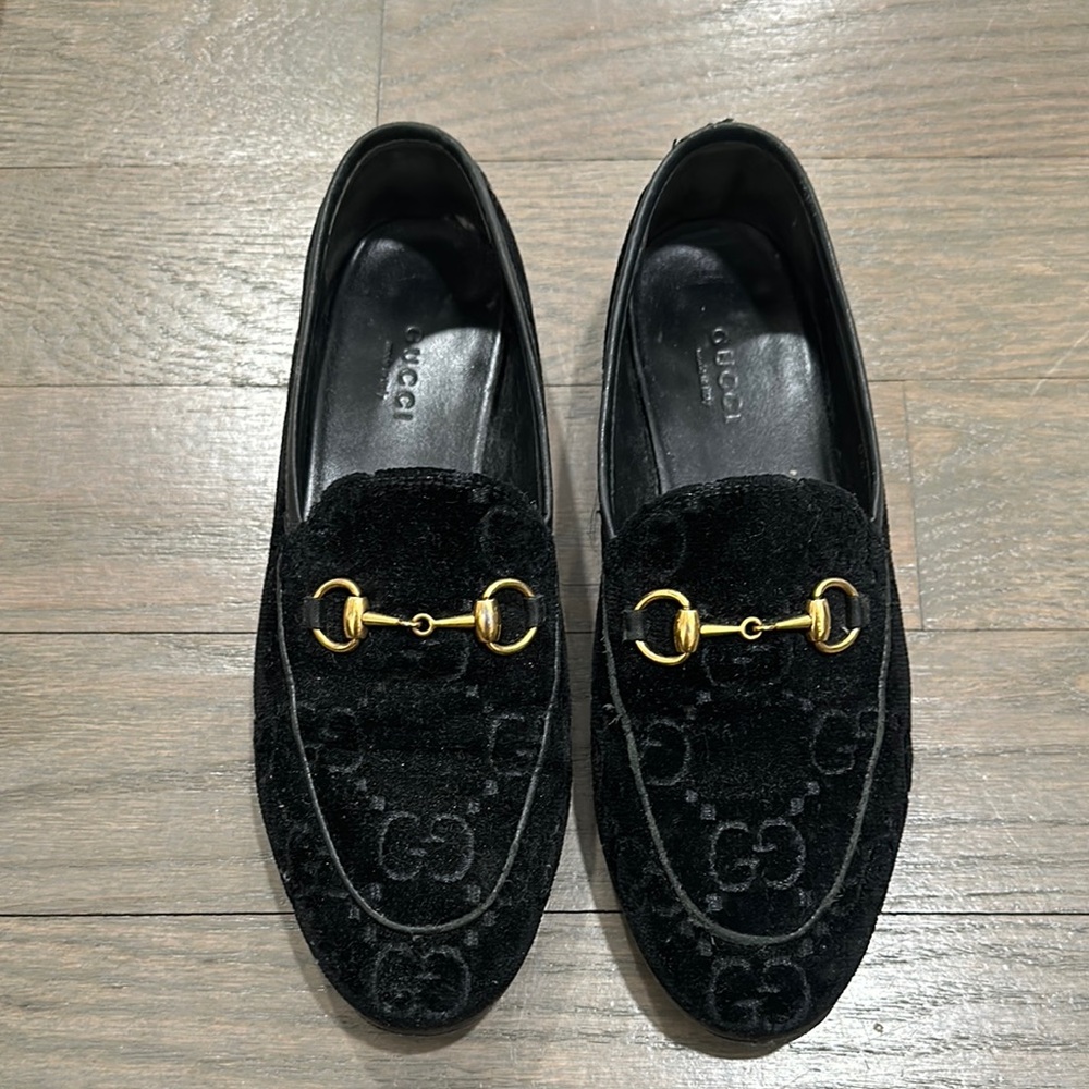 Gucci Black Velvet Loafers with Gold Detail